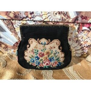 Vintage 1900s Tapestry Purse 1910s Black Floral Needlepoint Victorian Edwardian